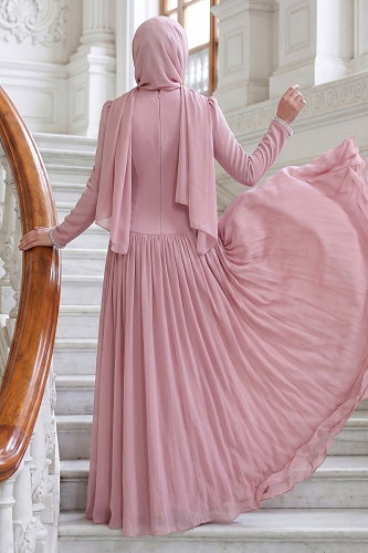 moda selvim İnci Taş Detaylı Krep Abiye 5684DMNK1166 Pudra - Thumbnail