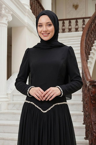 moda selvim İnci Taş Detaylı Krep Abiye 5684DMNK1166 Siyah - Thumbnail