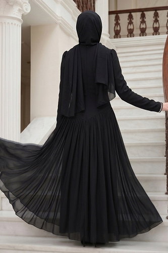 moda selvim İnci Taş Detaylı Krep Abiye 5684DMNK1166 Siyah - Thumbnail