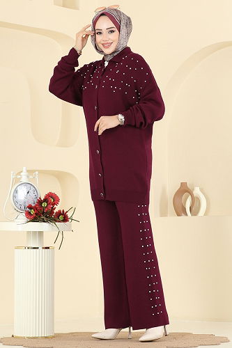 moda selvim İnci Taş Detaylı Triko Takım 1335MT581 Bordo - Thumbnail