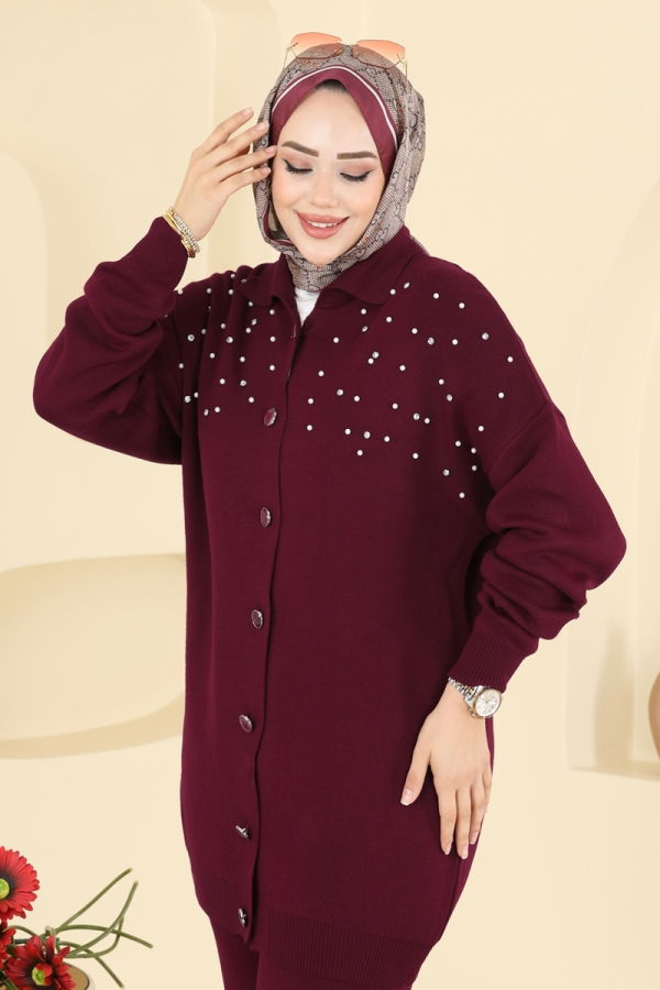 Modaselvim Kombin İnci Taş Detaylı Triko Takım 1335MT581 Bordo