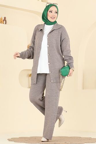 moda selvim İnci Taş Detaylı Triko Takım 1335MT581 Koyu Vizyon - Thumbnail