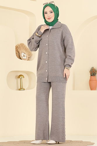 moda selvim İnci Taş Detaylı Triko Takım 1335MT581 Koyu Vizyon - Thumbnail