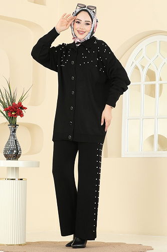 moda selvim İnci Taş Detaylı Triko Takım 1335MT581 Siyah - Thumbnail