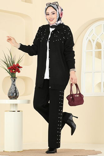 moda selvim İnci Taş Detaylı Triko Takım 1335MT581 Siyah - Thumbnail