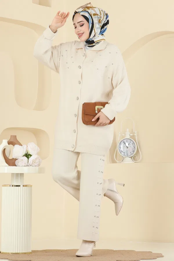 Modaselvim Kombin İnci Taş Detaylı Triko Takım 1335MT581 Taş