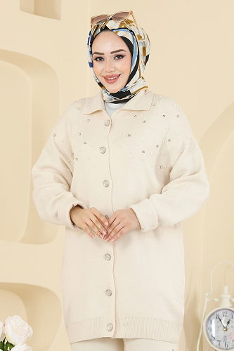 moda selvim İnci Taş Detaylı Triko Takım 1335MT581 Taş - Thumbnail