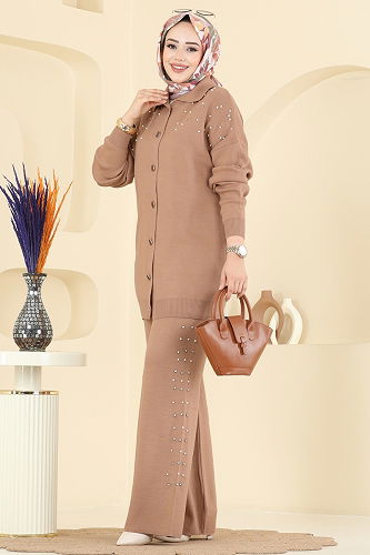 moda selvim İnci Taş Detaylı Triko Takım 1335MT581 Vizyon - Thumbnail