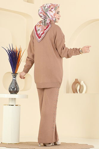 moda selvim İnci Taş Detaylı Triko Takım 1335MT581 Vizyon - Thumbnail