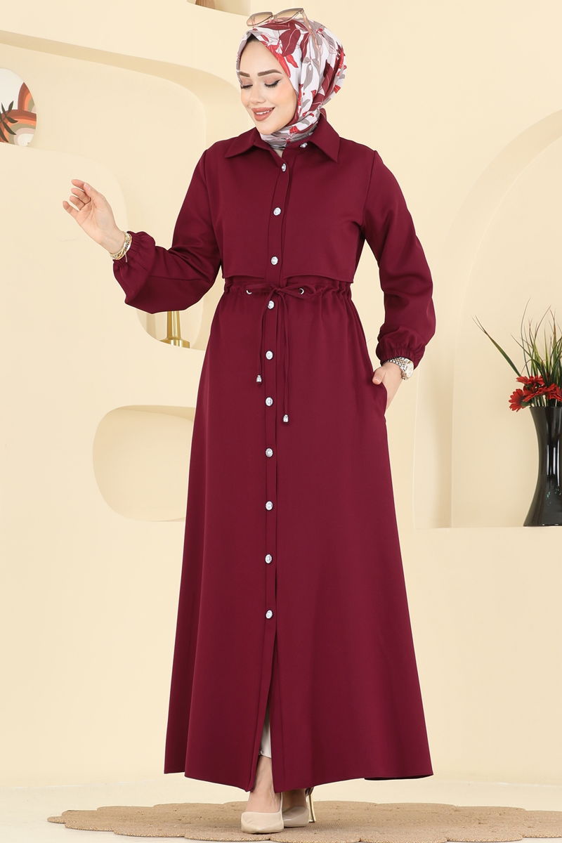 İnci Taş Düğmeli Ferace 2784SL432 Bordo