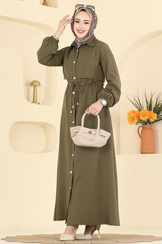 moda selvim İnci Taş Düğmeli Ferace 2784SL432 Haki - Thumbnail