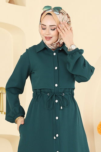 moda selvim İnci Taş Düğmeli Ferace 2784SL432 Petrol - Thumbnail