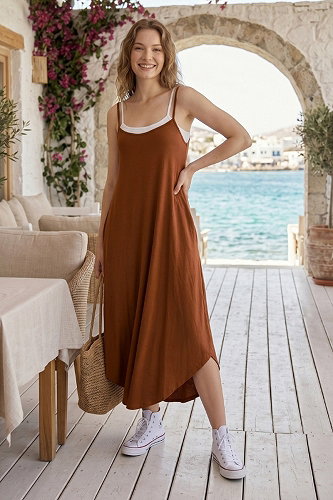 moda selvim İp Askılı Cepli Elbise 62310JNT1202 Taba - Thumbnail