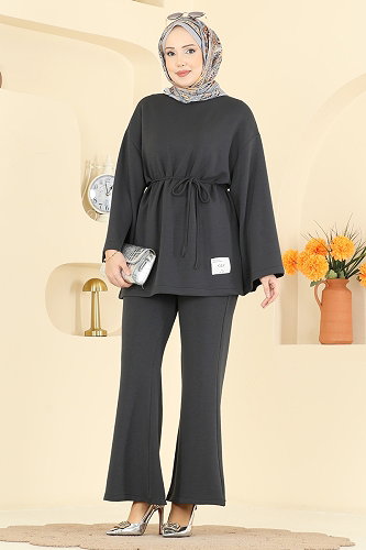 moda selvim İp Kemerli Modal Takım 755OZN1046 Antrasit - Thumbnail