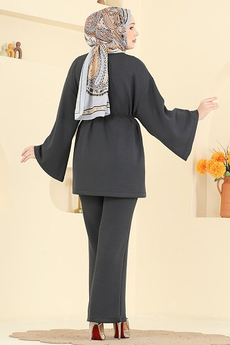 moda selvim İp Kemerli Modal Takım 755OZN1046 Antrasit - Thumbnail