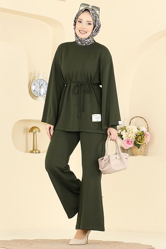 moda selvim İp Kemerli Modal Takım 755OZN1046 Haki - Thumbnail