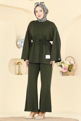 moda selvim İp Kemerli Modal Takım 755OZN1046 Haki - Thumbnail