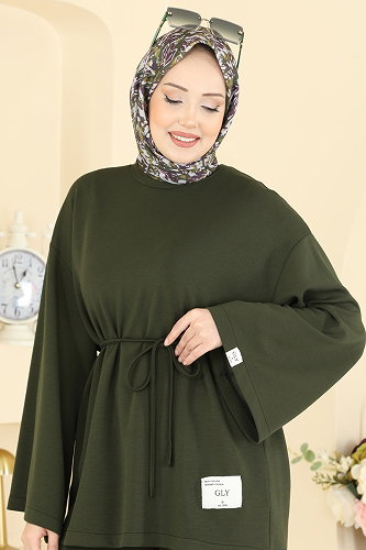 moda selvim İp Kemerli Modal Takım 755OZN1046 Haki - Thumbnail