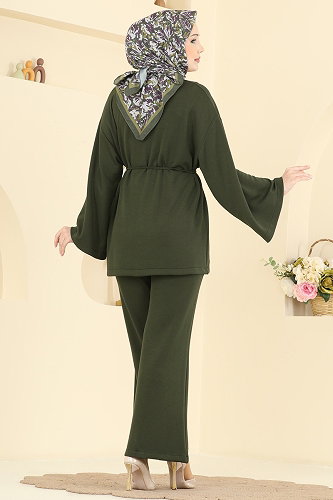 moda selvim İp Kemerli Modal Takım 755OZN1046 Haki - Thumbnail