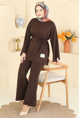 moda selvim İp Kemerli Modal Takım 755OZN1046 Kahve - Thumbnail