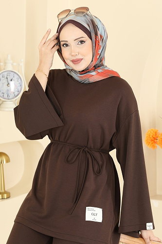 moda selvim İp Kemerli Modal Takım 755OZN1046 Kahve - Thumbnail