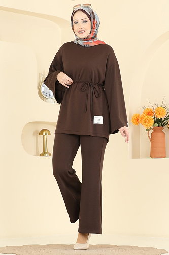 moda selvim İp Kemerli Modal Takım 755OZN1046 Kahve - Thumbnail