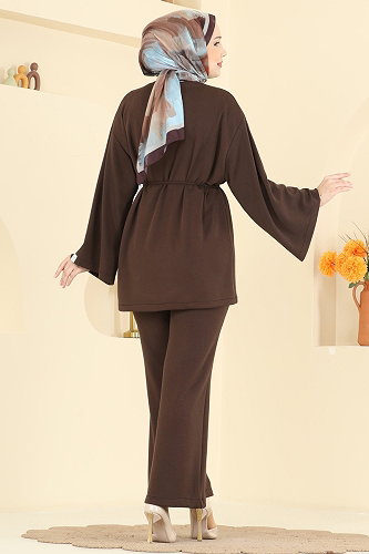 moda selvim İp Kemerli Modal Takım 755OZN1046 Kahve - Thumbnail