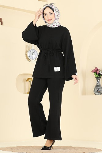 moda selvim İp Kemerli Modal Takım 755OZN1046 Siyah - Thumbnail