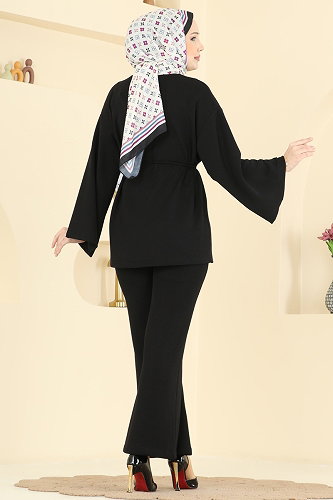 moda selvim İp Kemerli Modal Takım 755OZN1046 Siyah - Thumbnail