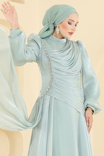 moda selvim Işıltılı Taşlı Şık Abiye 5709DMNK1166 Su Yeşili - Thumbnail