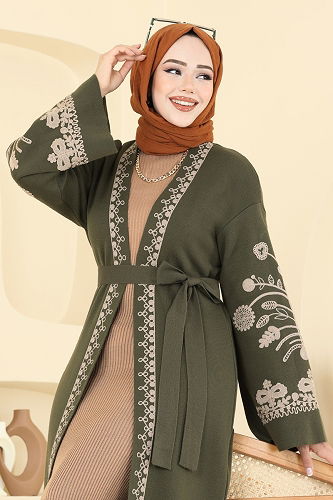 moda selvim İşleme Detay Triko Hırka 10493KL398 Haki - Thumbnail