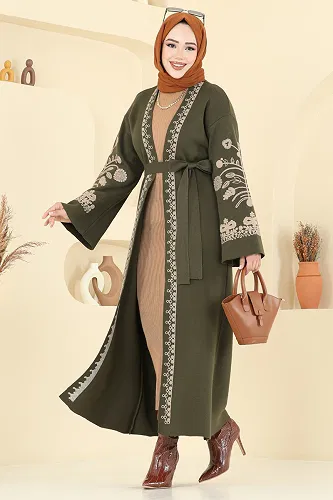 moda selvim İşleme Detay Triko Hırka 10493KL398 Haki - Thumbnail