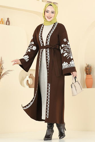 moda selvim İşleme Detay Triko Hırka 10493KL398 Kahve - Thumbnail