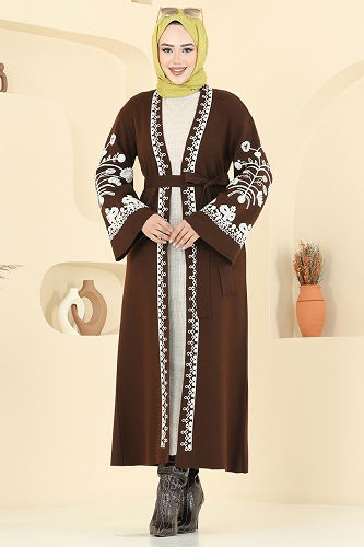 moda selvim İşleme Detay Triko Hırka 10493KL398 Kahve - Thumbnail