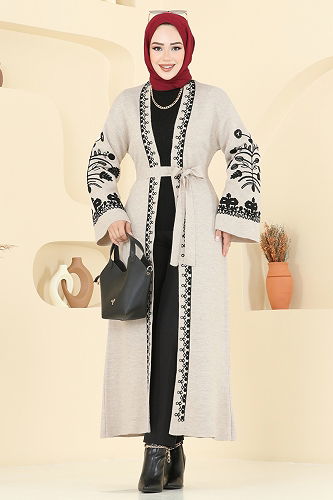 moda selvim İşleme Detay Triko Hırka 10493KL398 Taş - Thumbnail