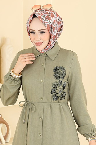 moda selvim İşleme Detaylı Kemerli Tunik 2941SLK540 Çağla - Thumbnail
