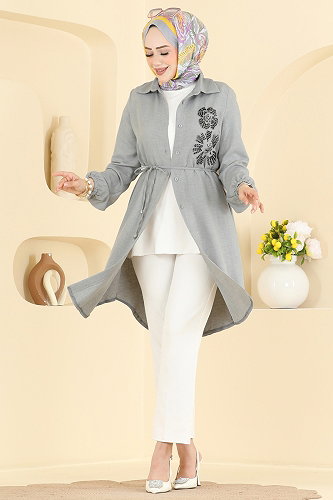 moda selvim İşleme Detaylı Kemerli Tunik 2941SLK540 Gri - Thumbnail