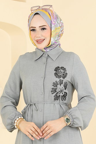 moda selvim İşleme Detaylı Kemerli Tunik 2941SLK540 Gri - Thumbnail
