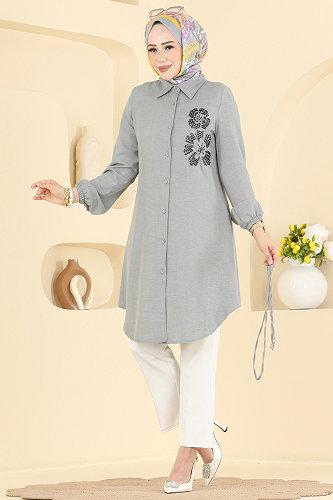 moda selvim İşleme Detaylı Kemerli Tunik 2941SLK540 Gri - Thumbnail