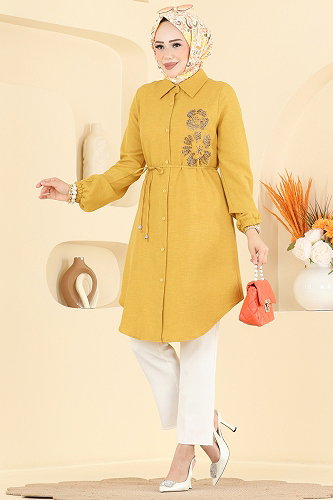 moda selvim İşleme Detaylı Kemerli Tunik 2941SLK540 Hardal - Thumbnail