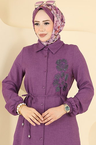 moda selvim İşleme Detaylı Kemerli Tunik 2941SLK540 Koyu Lila - Thumbnail