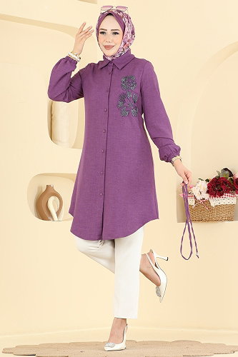moda selvim İşleme Detaylı Kemerli Tunik 2941SLK540 Koyu Lila - Thumbnail