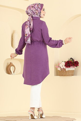 moda selvim İşleme Detaylı Kemerli Tunik 2941SLK540 Koyu Lila - Thumbnail