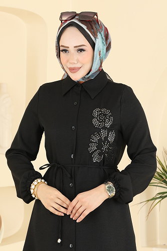moda selvim İşleme Detaylı Kemerli Tunik 2941SLK540 Siyah - Thumbnail