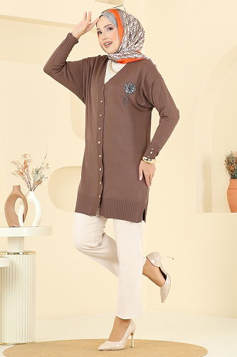 moda selvim İşleme Detaylı Merserize Hırka 3260BRZ597 Koyu Vizyon - Thumbnail