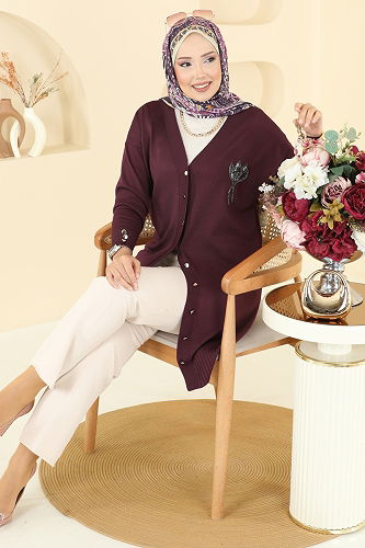 moda selvim İşleme Detaylı Merserize Hırka 3260BRZ597 Mürdüm - Thumbnail