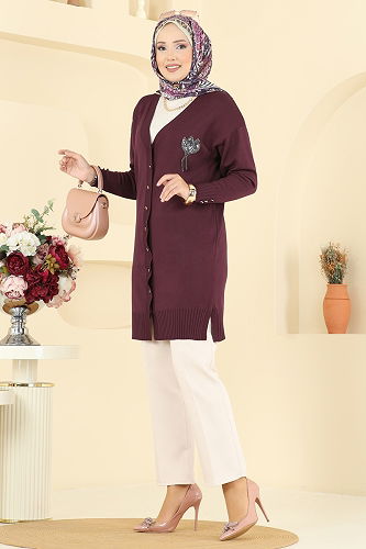 moda selvim İşleme Detaylı Merserize Hırka 3260BRZ597 Mürdüm - Thumbnail