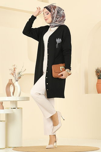 moda selvim İşleme Detaylı Merserize Hırka 3260BRZ597 Siyah - Thumbnail