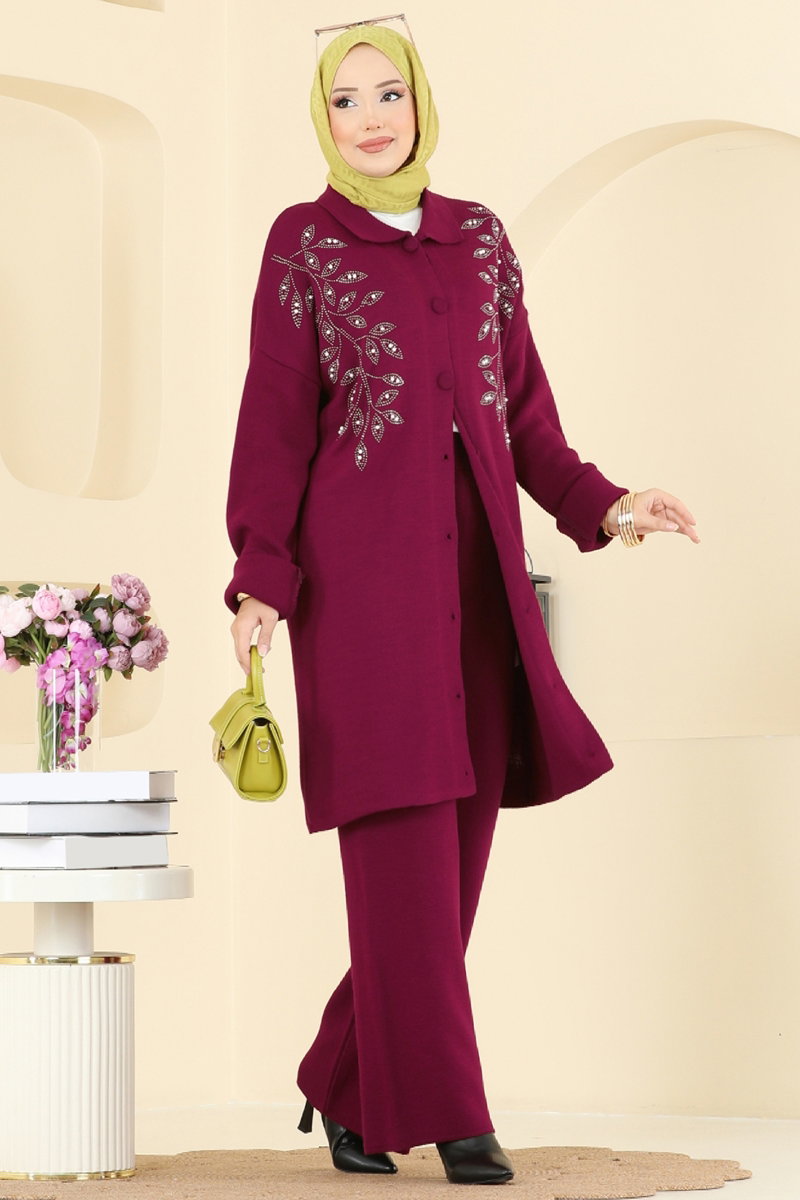İşleme Detaylı Triko Takım 2745AYD574 Bordo