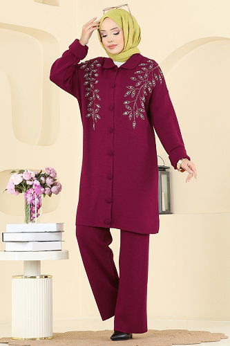 moda selvim İşleme Detaylı Triko Takım 2745AYD574 Bordo - Thumbnail